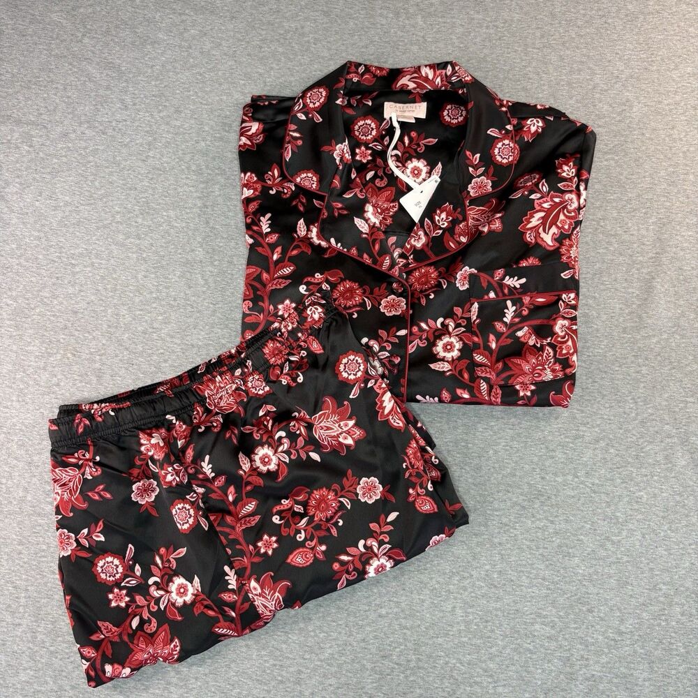 NWT CABERNET XL  Floral Print Long Sleeve Notch Collar Pajama Set Black Red